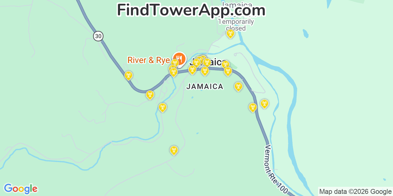 Map showing the 20 primary cell tower locations detected in Jamaica, Vermont from AT&T, Verizon, and T-Mobile networks