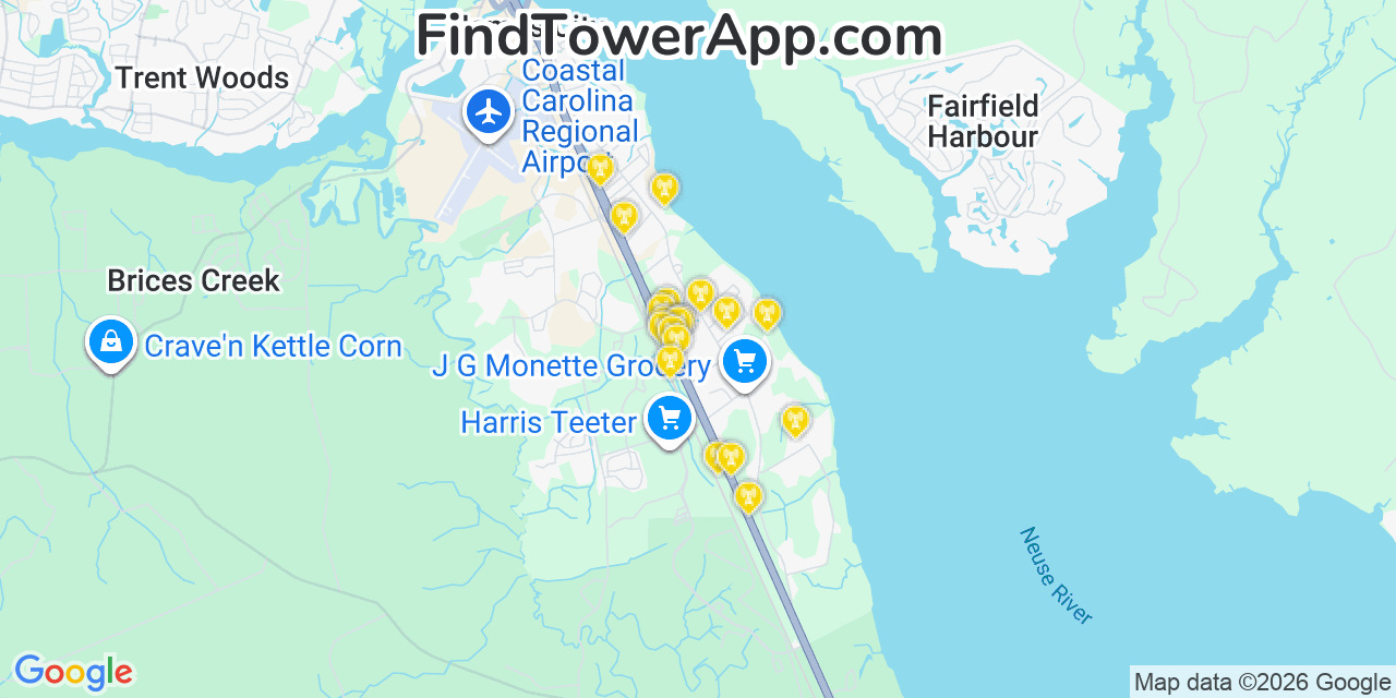 Map showing the 20 primary cell tower locations detected in James City, North Carolina from AT&T, Verizon, and T-Mobile networks