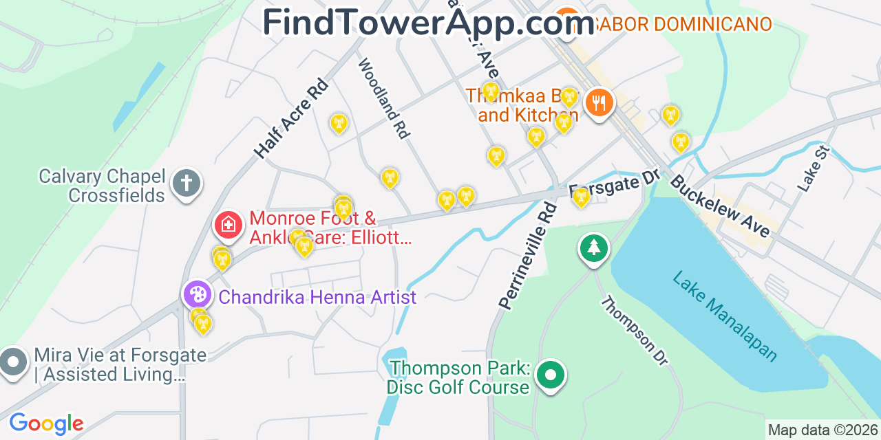 Map showing the 20 primary cell tower locations detected in Jamesburg, New Jersey from AT&T, Verizon, and T-Mobile networks