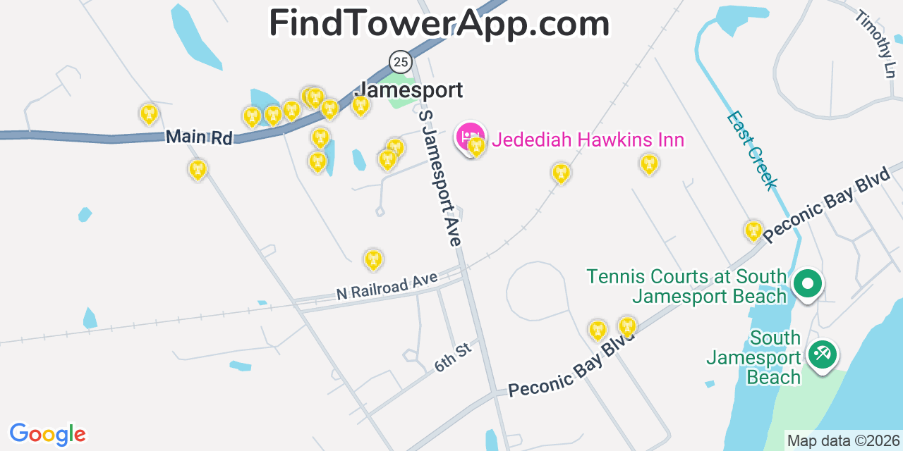 Map showing the 20 primary cell tower locations detected in Jamesport, New York from AT&T, Verizon, and T-Mobile networks