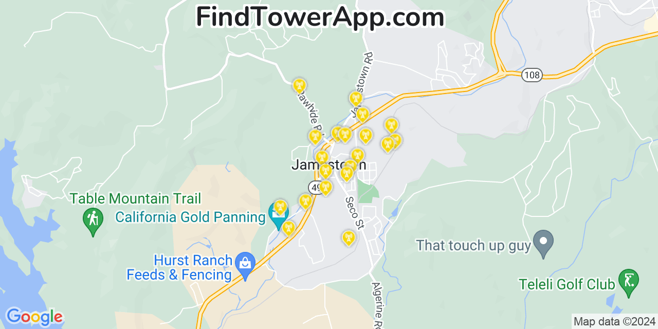 AT&T 4G/5G cell tower coverage map Jamestown, California