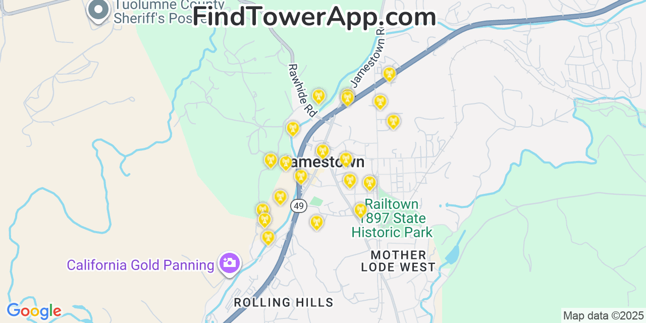 Map showing the 20 primary cell tower locations detected in Jamestown, California from AT&T, Verizon, and T-Mobile networks