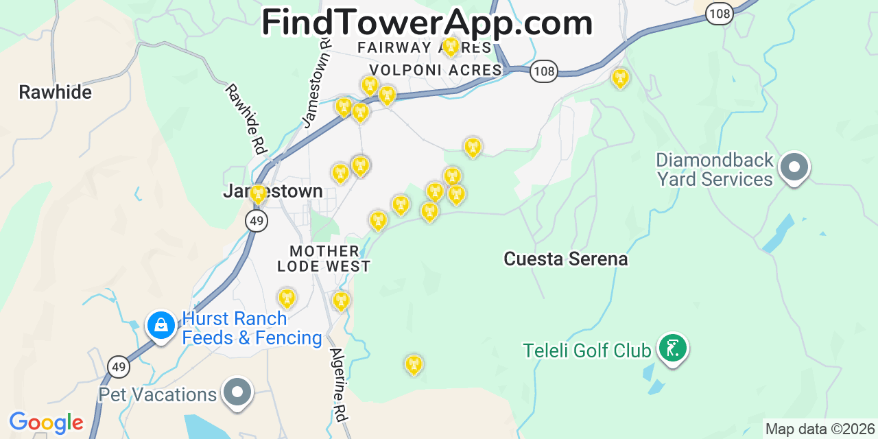 Map showing the 20 primary cell tower locations detected in Jamestown, California from AT&T, Verizon, and T-Mobile networks