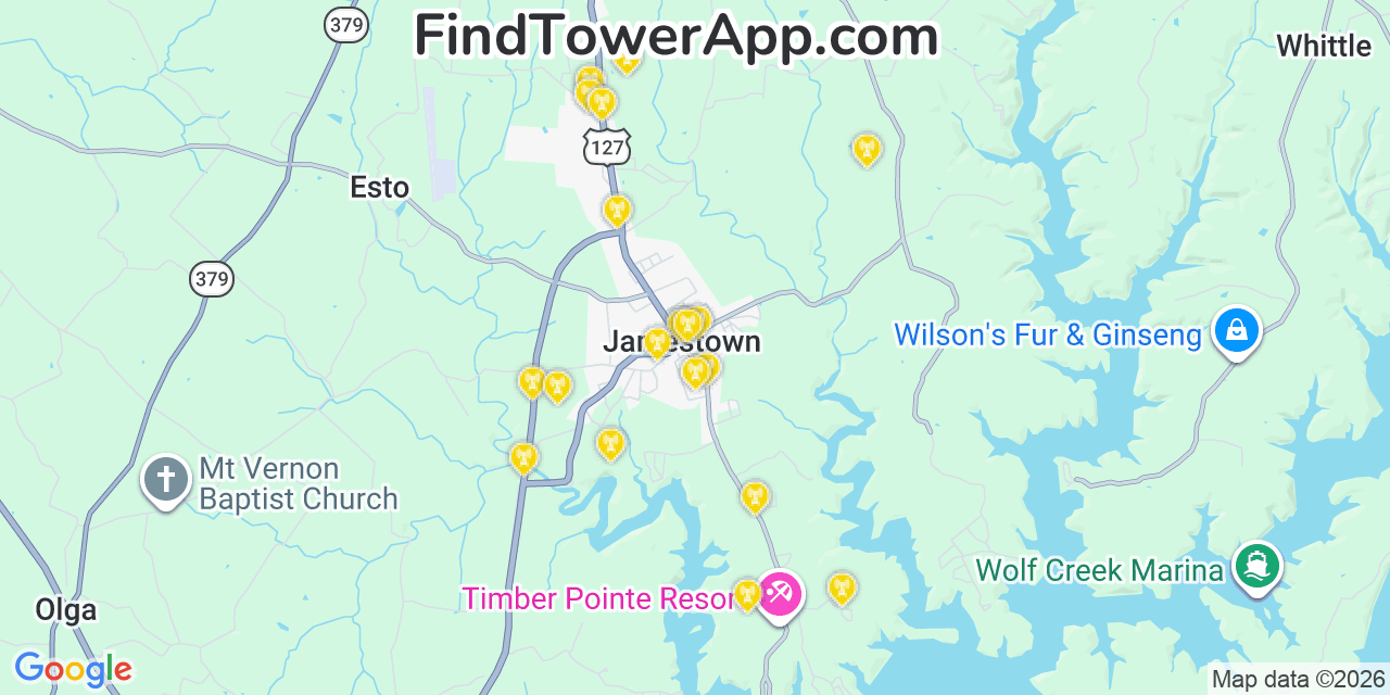 Map showing the 20 primary cell tower locations detected in Jamestown, Kentucky from AT&T, Verizon, and T-Mobile networks