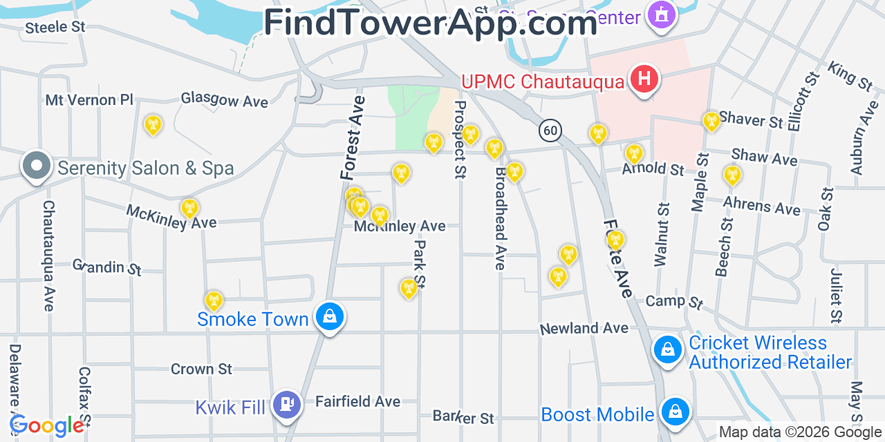 Map showing the 20 primary cell tower locations detected in Jamestown, New York from AT&T, Verizon, and T-Mobile networks