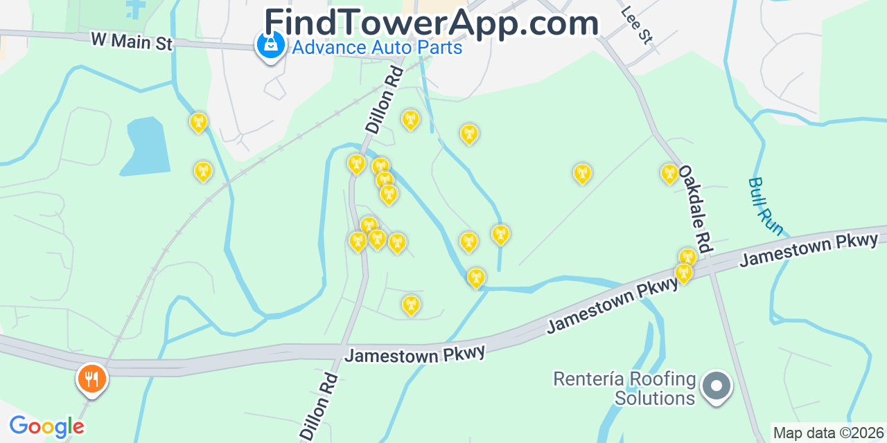 Map showing the 20 primary cell tower locations detected in Jamestown, North Carolina from AT&T, Verizon, and T-Mobile networks