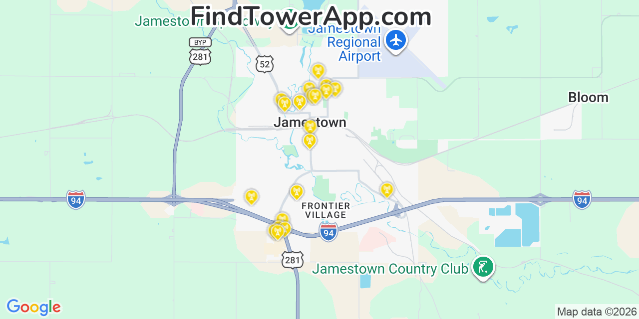 Map showing the 20 primary cell tower locations detected in Jamestown, North Dakota from AT&T, Verizon, and T-Mobile networks