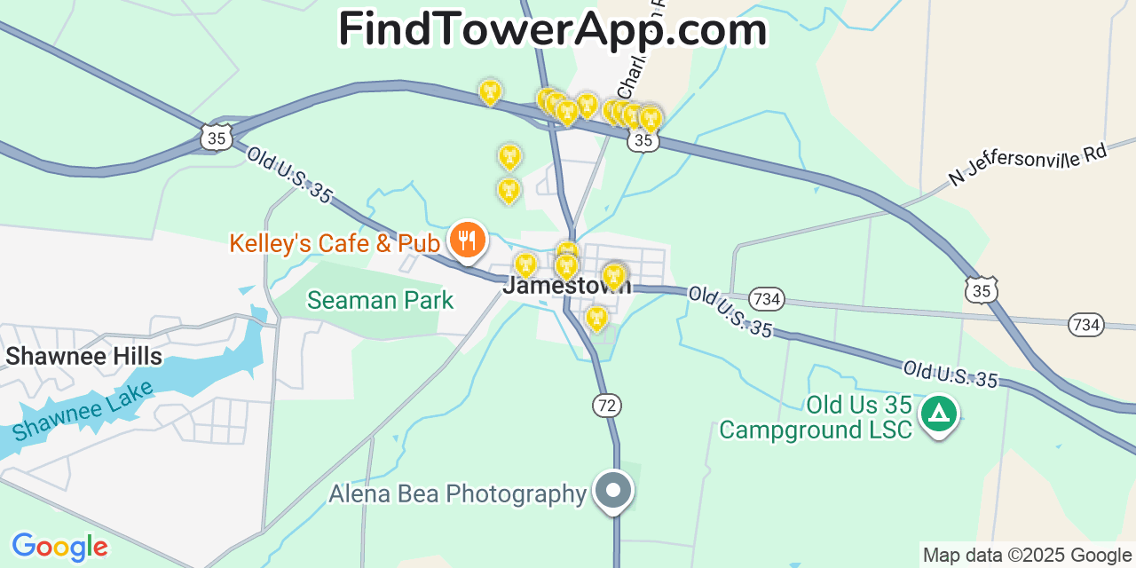 Map showing the 20 primary cell tower locations detected in Jamestown, Ohio from AT&T, Verizon, and T-Mobile networks