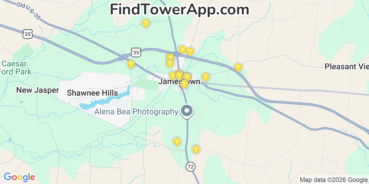 Map showing the 20 primary cell tower locations detected in Jamestown, Ohio from AT&T, Verizon, and T-Mobile networks