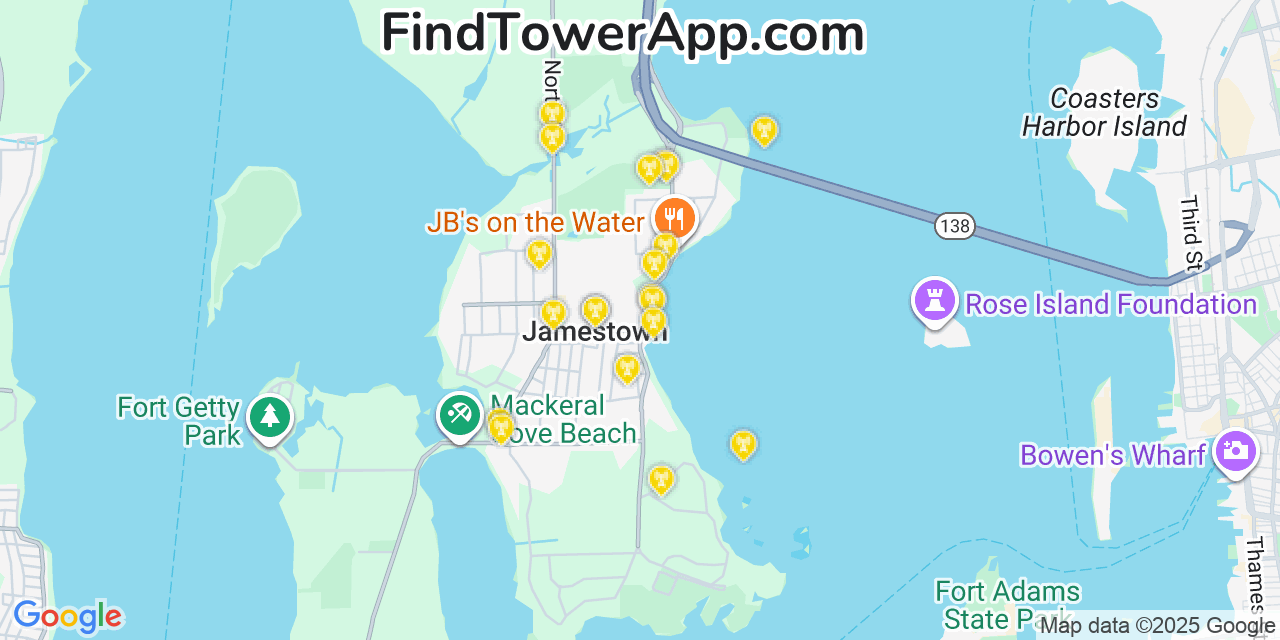 Map showing the 20 primary cell tower locations detected in Jamestown, Rhode Island from AT&T, Verizon, and T-Mobile networks