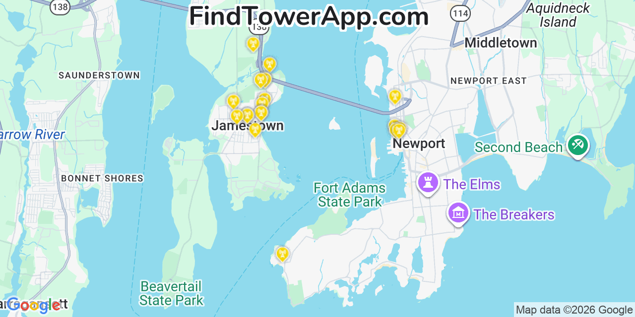 Map showing the 20 primary cell tower locations detected in Jamestown, Rhode Island from AT&T, Verizon, and T-Mobile networks