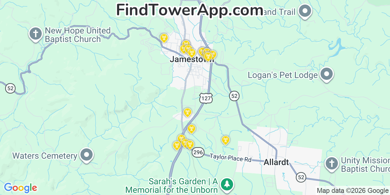 Map showing the 20 primary cell tower locations detected in Jamestown, Tennessee from AT&T, Verizon, and T-Mobile networks