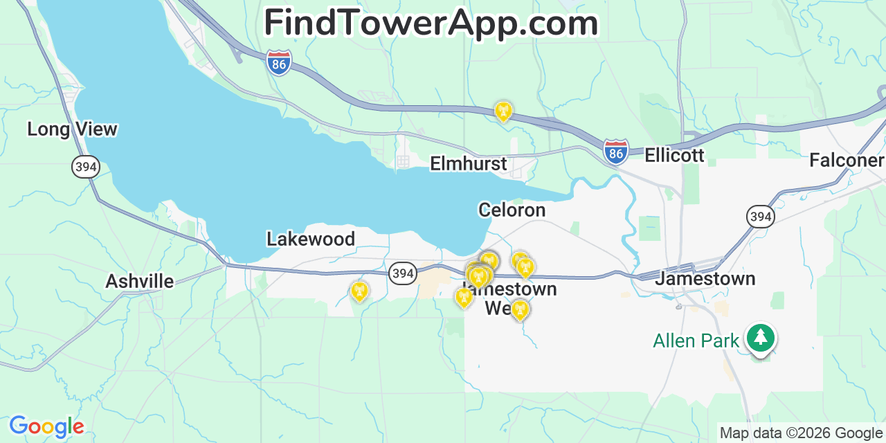 Map showing the 20 primary cell tower locations detected in Jamestown West, New York from AT&T, Verizon, and T-Mobile networks