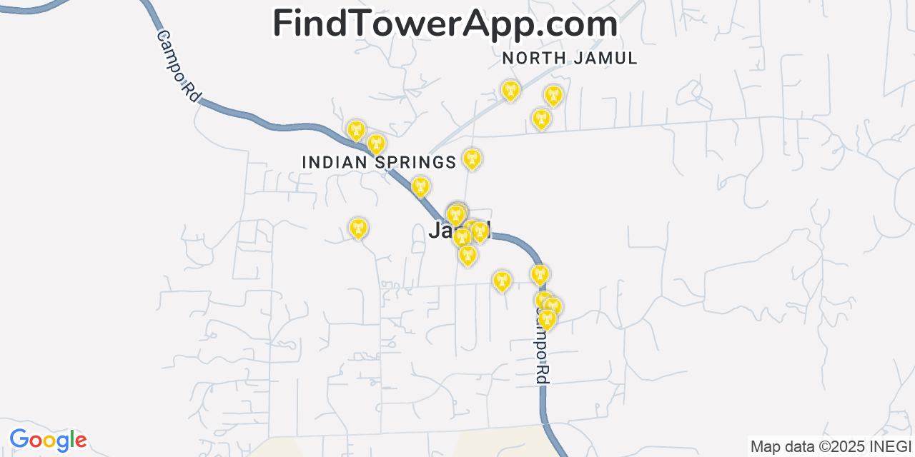 Map showing the 20 primary cell tower locations detected in Jamul, California from AT&T, Verizon, and T-Mobile networks