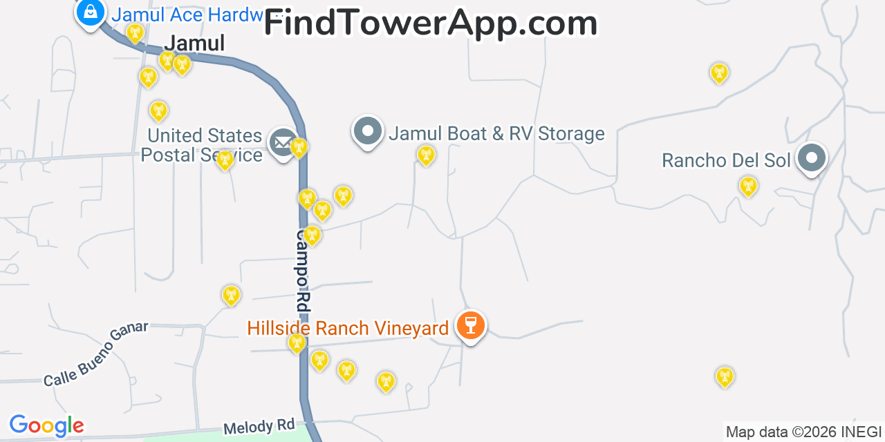 Map showing the 20 primary cell tower locations detected in Jamul, California from AT&T, Verizon, and T-Mobile networks