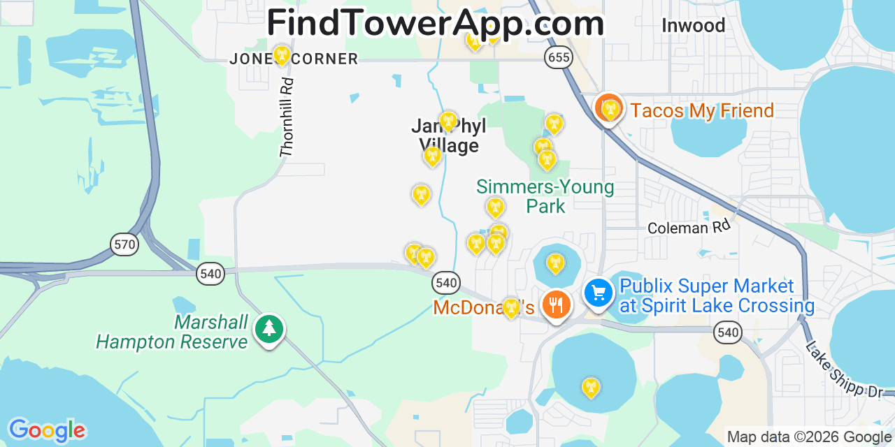 Map showing the 20 primary cell tower locations detected in Jan Phyl Village, Florida from AT&T, Verizon, and T-Mobile networks