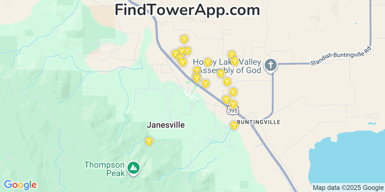 Map showing the 20 primary cell tower locations detected in Janesville, California from AT&T, Verizon, and T-Mobile networks