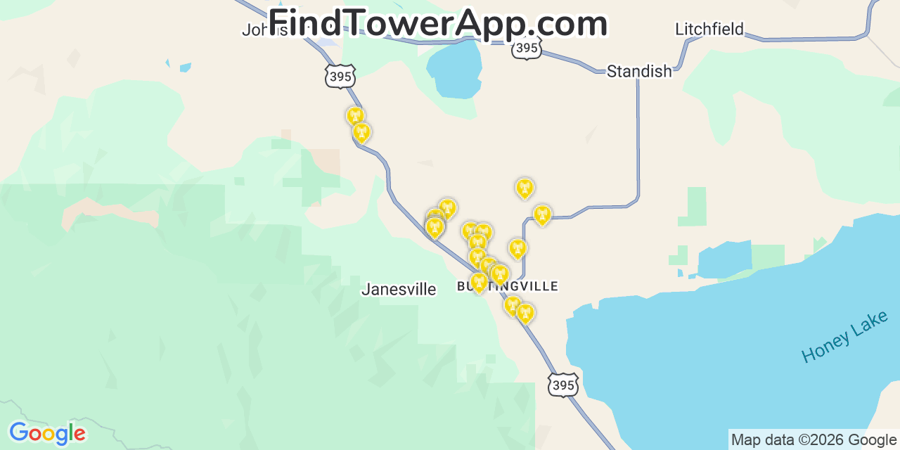 Map showing the 20 primary cell tower locations detected in Janesville, California from AT&T, Verizon, and T-Mobile networks