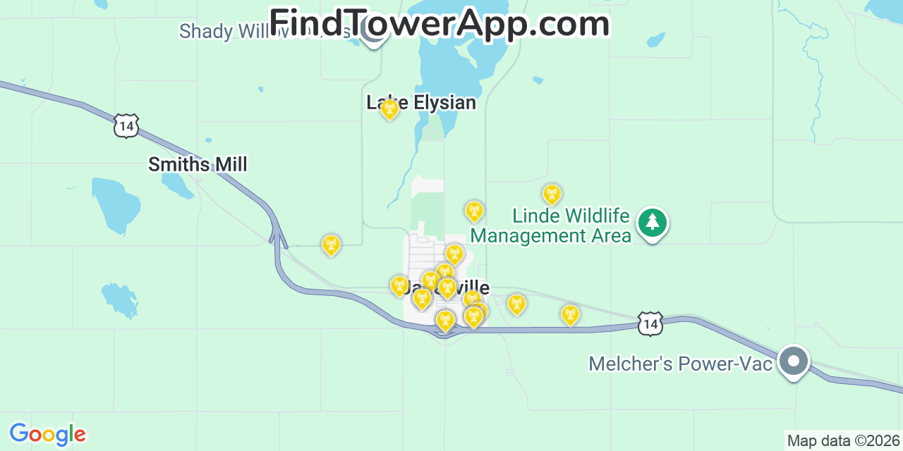 Map showing the 20 primary cell tower locations detected in Janesville, Minnesota from AT&T, Verizon, and T-Mobile networks