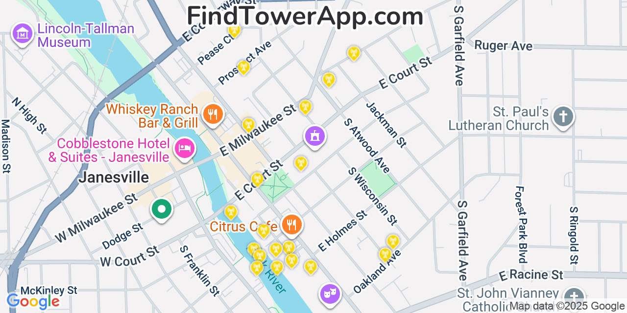 Map showing the 20 primary cell tower locations detected in Janesville, Wisconsin from AT&T, Verizon, and T-Mobile networks