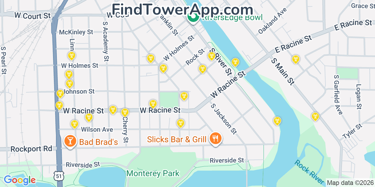Map showing the 20 primary cell tower locations detected in Janesville, Wisconsin from AT&T, Verizon, and T-Mobile networks