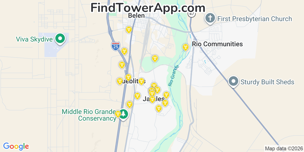Map showing the 20 primary cell tower locations detected in Jarales, New Mexico from AT&T, Verizon, and T-Mobile networks