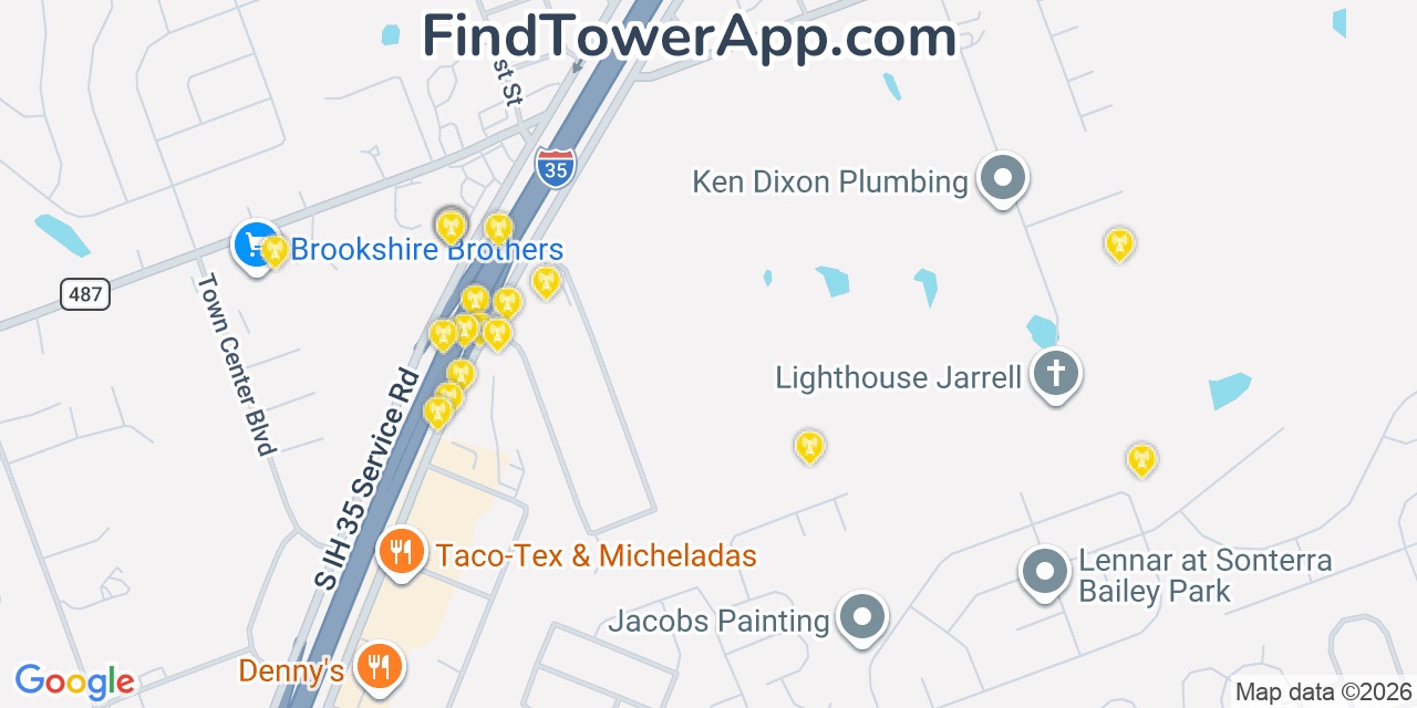 Map showing the 20 primary cell tower locations detected in Jarrell, Texas from AT&T, Verizon, and T-Mobile networks