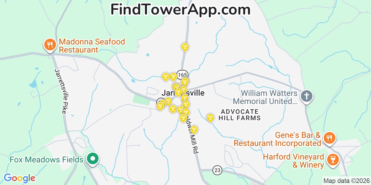 Map showing the 20 primary cell tower locations detected in Jarrettsville, Maryland from AT&T, Verizon, and T-Mobile networks