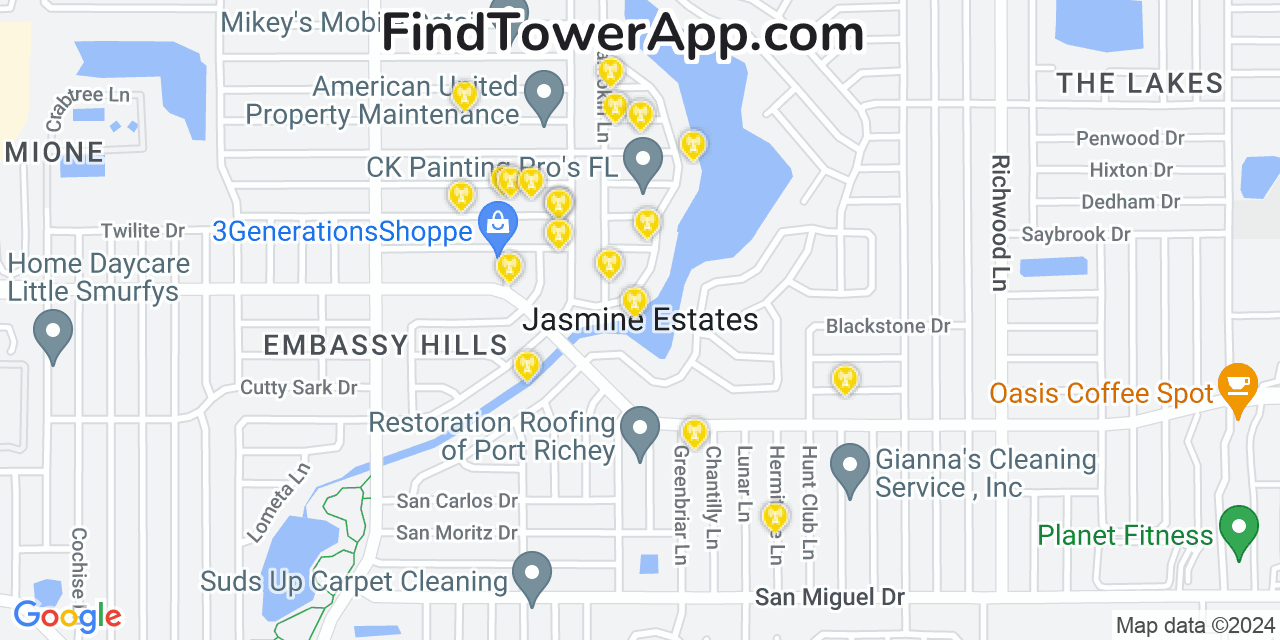 AT&T 4G/5G cell tower coverage map Jasmine Estates, Florida