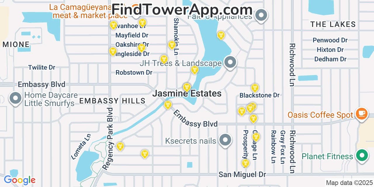 Map showing the 20 primary cell tower locations detected in Jasmine Estates, Florida from AT&T, Verizon, and T-Mobile networks