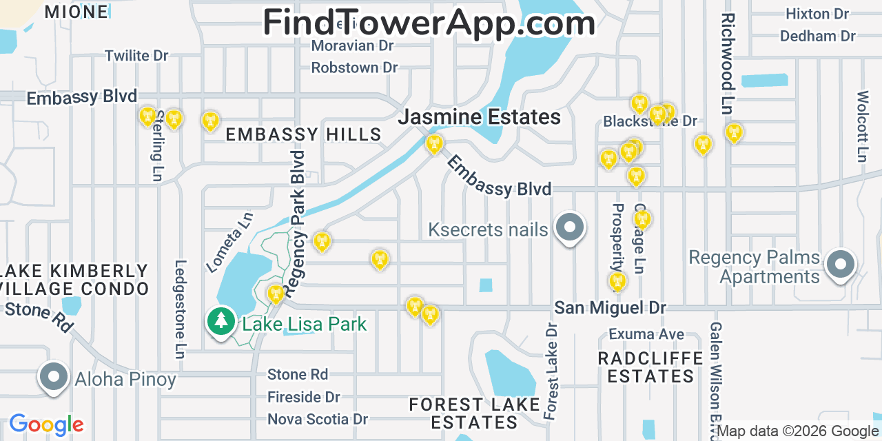 Map showing the 20 primary cell tower locations detected in Jasmine Estates, Florida from AT&T, Verizon, and T-Mobile networks
