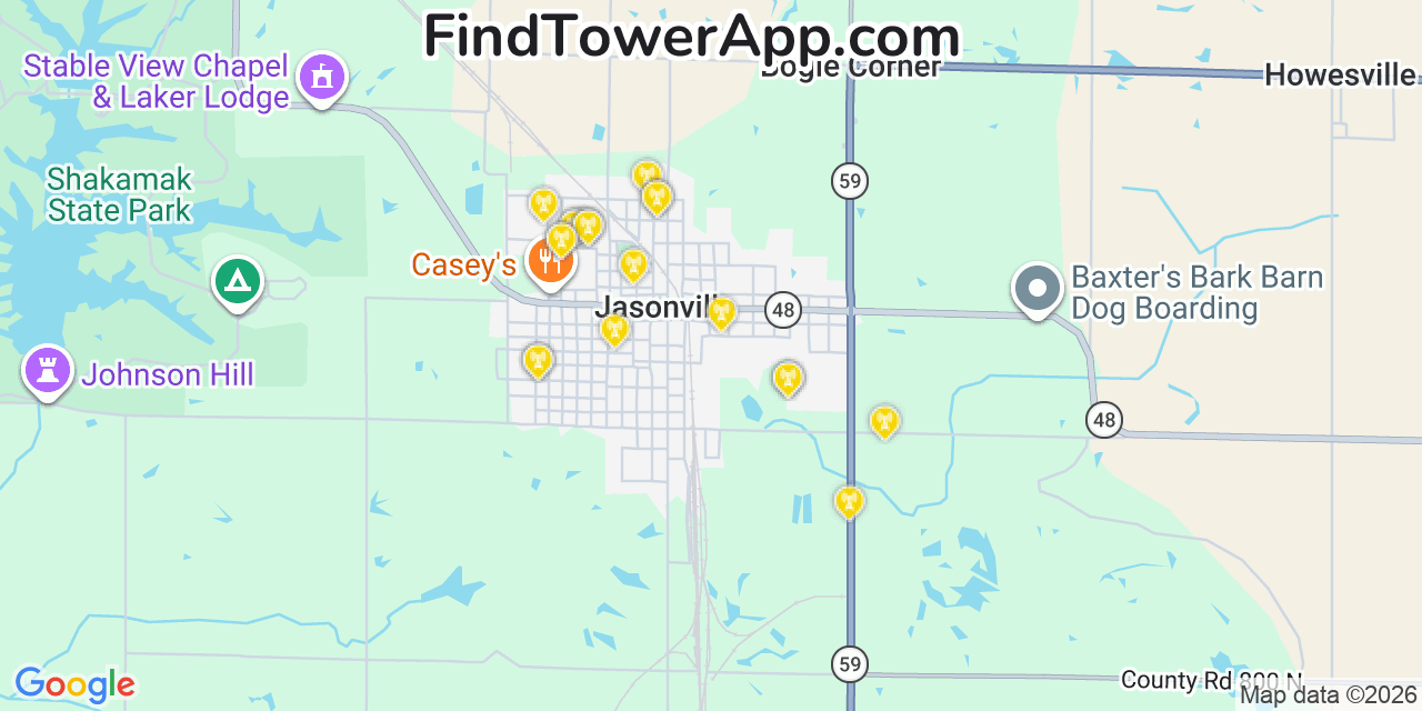 Map showing the 20 primary cell tower locations detected in Jasonville, Indiana from AT&T, Verizon, and T-Mobile networks