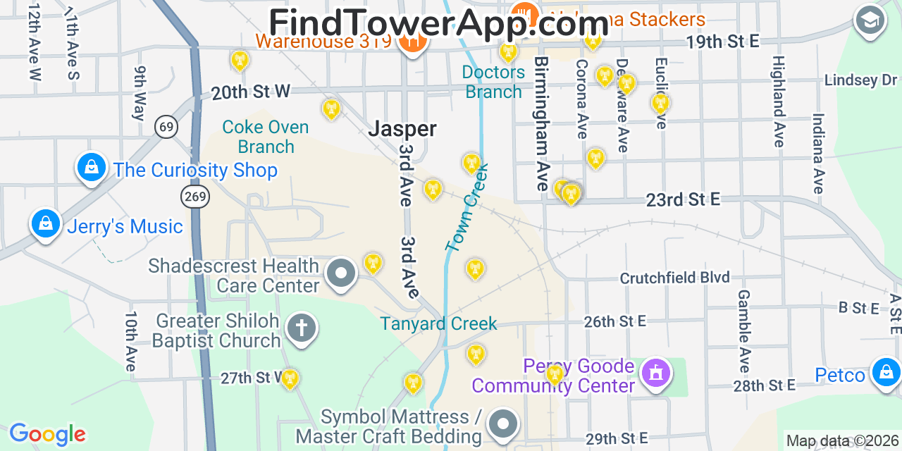 Map showing the 20 primary cell tower locations detected in Jasper, Alabama from AT&T, Verizon, and T-Mobile networks