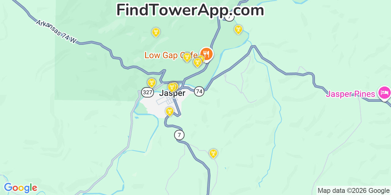 Map showing the 20 primary cell tower locations detected in Jasper, Arkansas from AT&T, Verizon, and T-Mobile networks