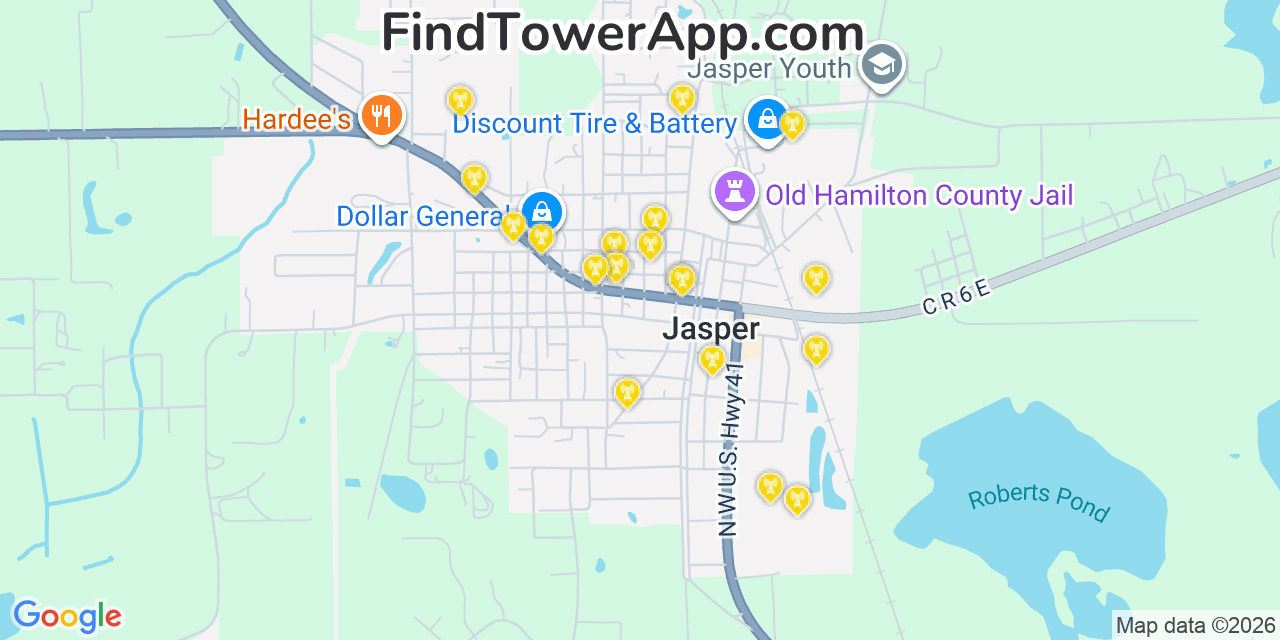 Map showing the 20 primary cell tower locations detected in Jasper, Florida from AT&T, Verizon, and T-Mobile networks