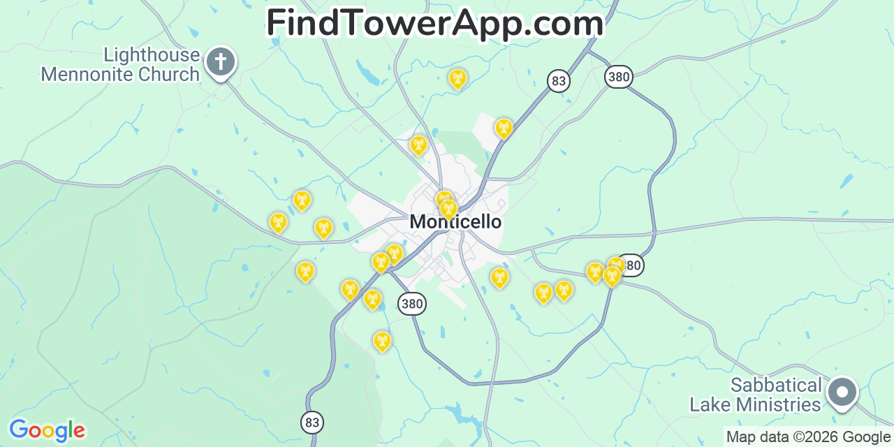 Map showing the 20 primary cell tower locations detected in Jasper, Georgia from AT&T, Verizon, and T-Mobile networks
