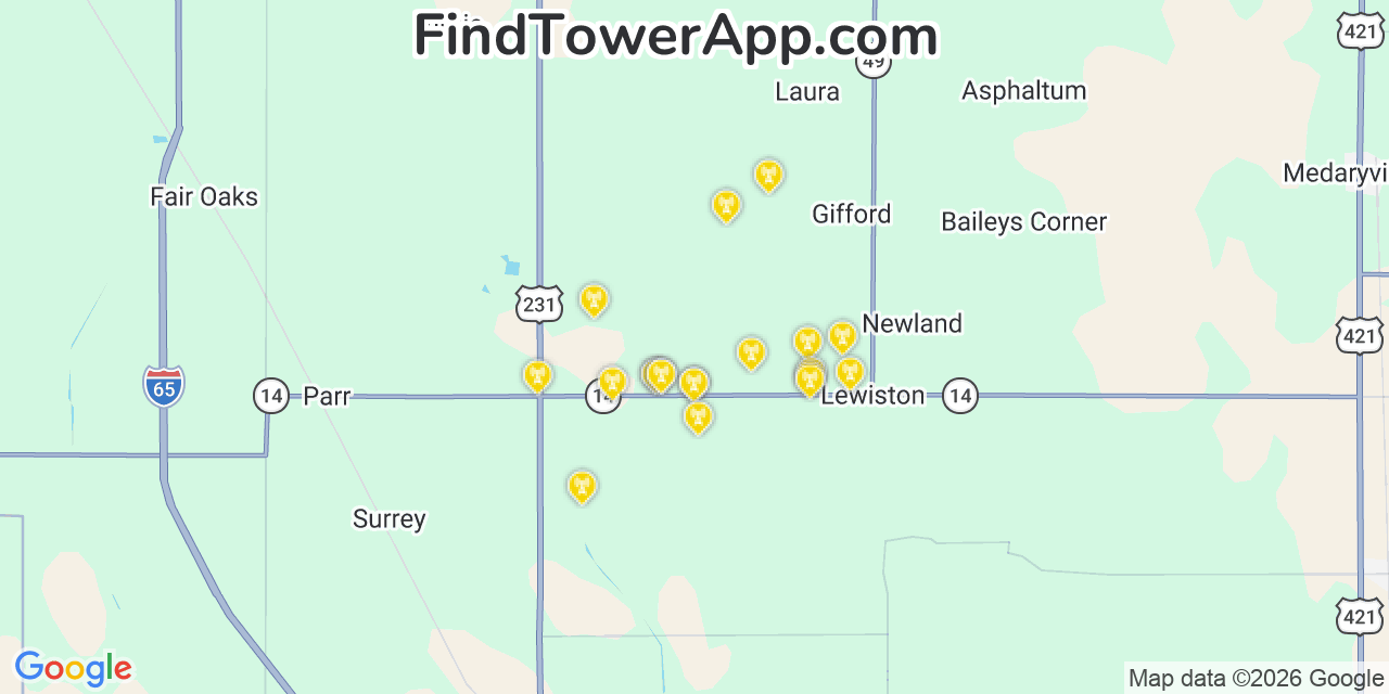 Map showing the 20 primary cell tower locations detected in Jasper, Indiana from AT&T, Verizon, and T-Mobile networks