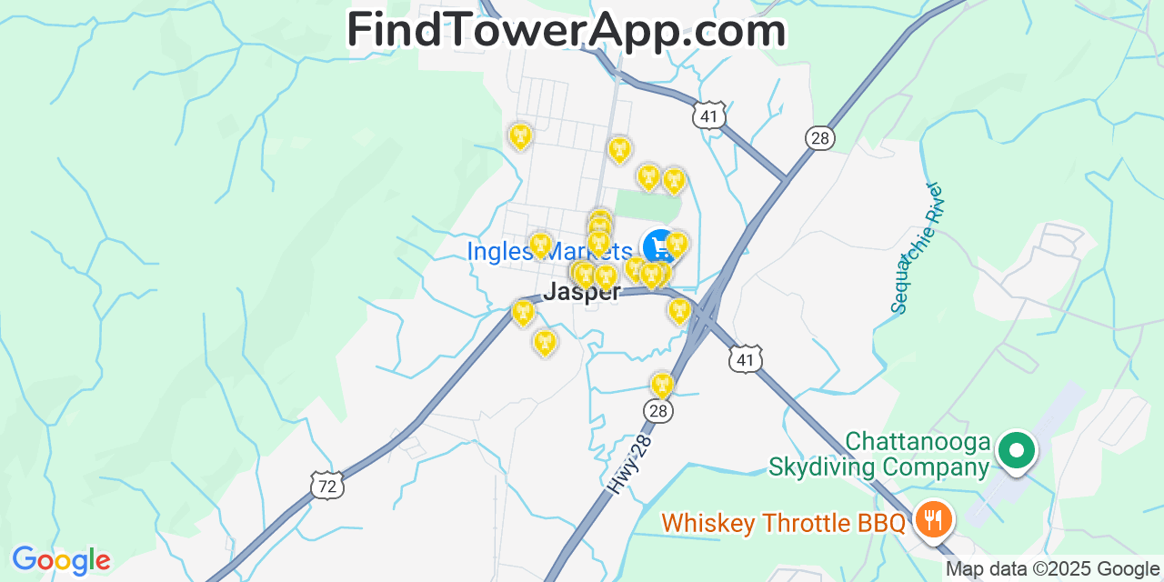 Map showing the 20 primary cell tower locations detected in Jasper, Tennessee from AT&T, Verizon, and T-Mobile networks