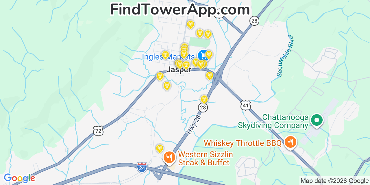 Map showing the 20 primary cell tower locations detected in Jasper, Tennessee from AT&T, Verizon, and T-Mobile networks
