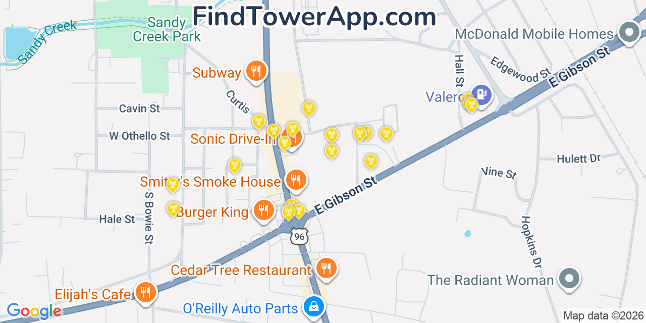 Map showing the 20 primary cell tower locations detected in Jasper, Texas from AT&T, Verizon, and T-Mobile networks