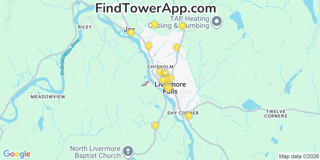 Map showing the 20 primary cell tower locations detected in Jay, Maine from AT&T, Verizon, and T-Mobile networks