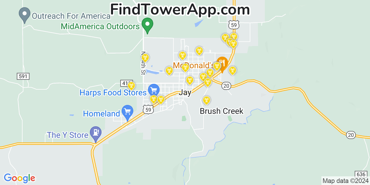 AT&T 4G/5G cell tower coverage map Jay, Oklahoma