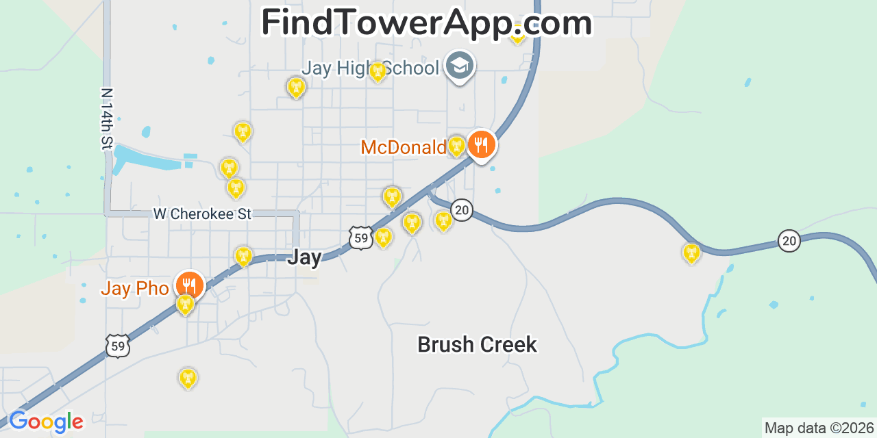 Map showing the 20 primary cell tower locations detected in Jay, Oklahoma from AT&T, Verizon, and T-Mobile networks