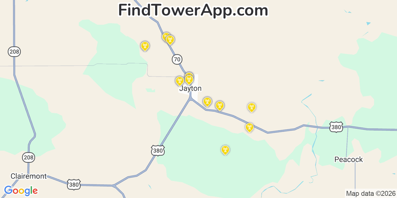 Map showing the 20 primary cell tower locations detected in Jayton, Texas from AT&T, Verizon, and T-Mobile networks