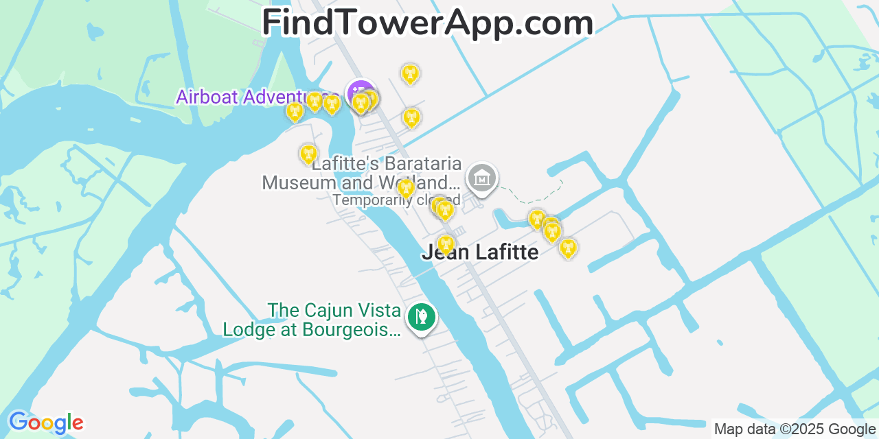 Map showing the 20 primary cell tower locations detected in Jean Lafitte, Louisiana from AT&T, Verizon, and T-Mobile networks