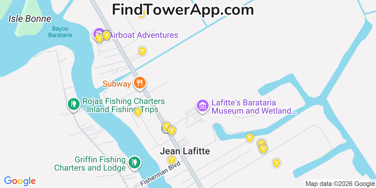 Map showing the 20 primary cell tower locations detected in Jean Lafitte, Louisiana from AT&T, Verizon, and T-Mobile networks