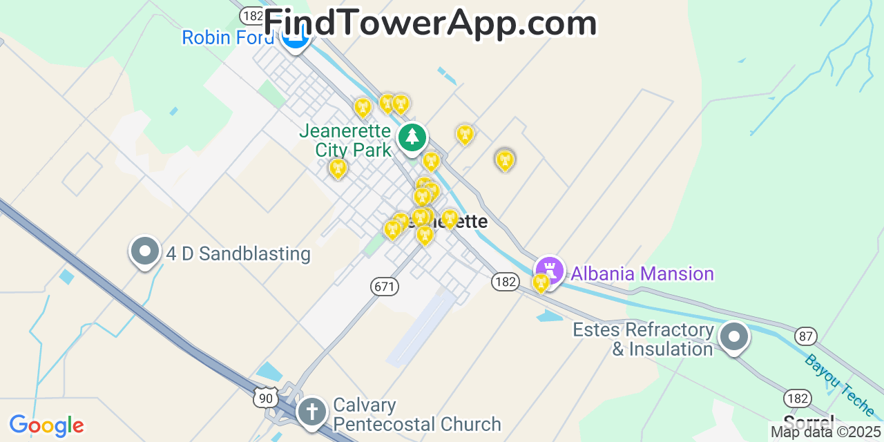 Map showing the 20 primary cell tower locations detected in Jeanerette, Louisiana from AT&T, Verizon, and T-Mobile networks