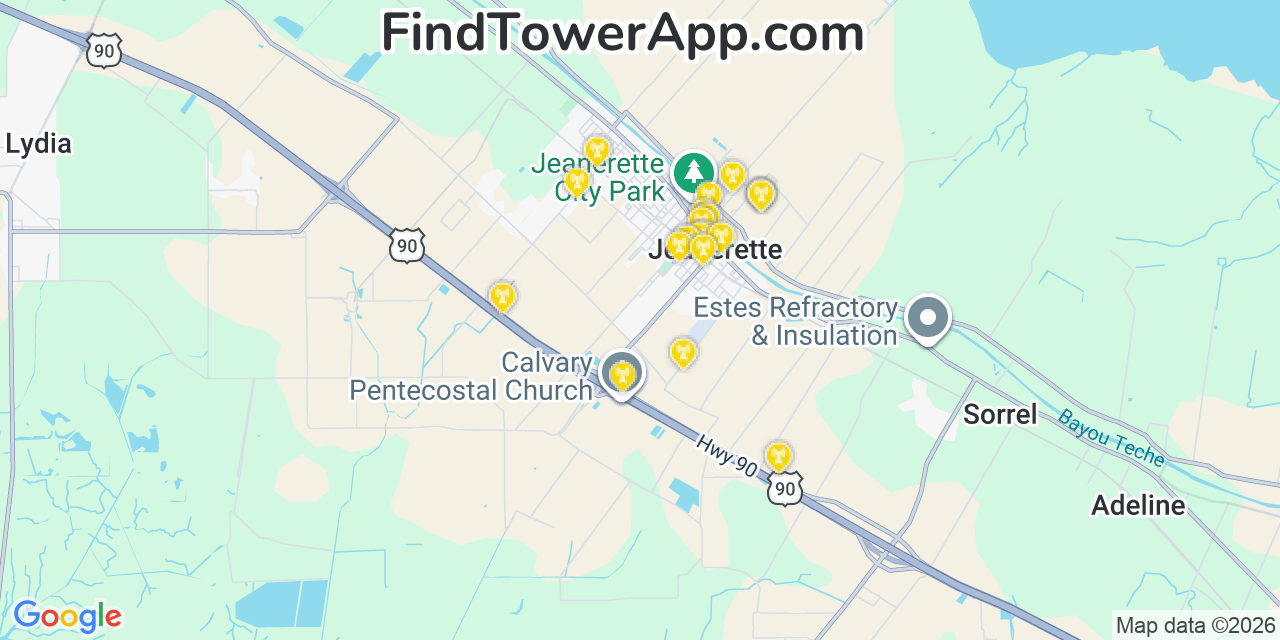Map showing the 20 primary cell tower locations detected in Jeanerette, Louisiana from AT&T, Verizon, and T-Mobile networks