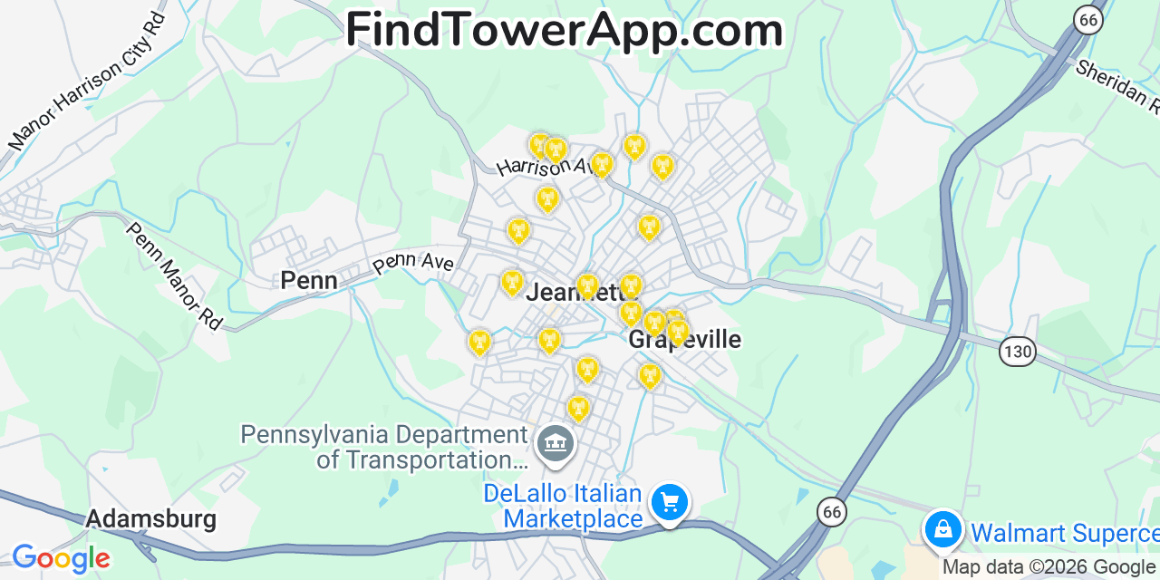 Map showing the 20 primary cell tower locations detected in Jeannette, Pennsylvania from AT&T, Verizon, and T-Mobile networks