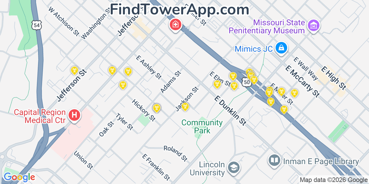 Map showing the 20 primary cell tower locations detected in Jefferson City, Missouri from AT&T, Verizon, and T-Mobile networks